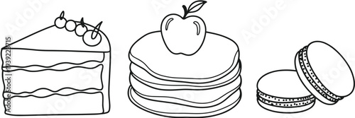 Desserts Slice of Cake Pancakes and Macarons Line Art