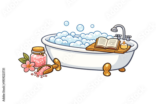 A cartoon illustration of a white clawfoot bathtub filled with soap bubbles, featuring a wooden tray with an open book and a candle, alongside pink bath salts and a flower.