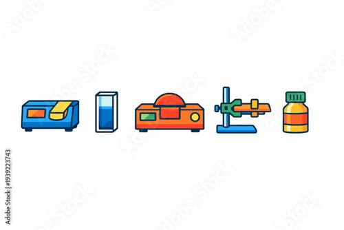 A set of five colorful laboratory equipment icons including a spectrophotometer, cuvette, heater, stand, and reagent bottle, presented in a flat illustration style on a black background.