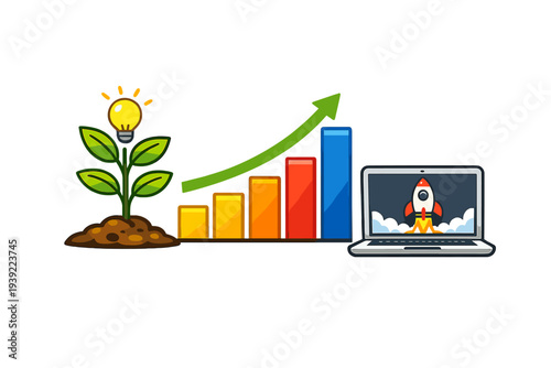 An illustration featuring a growing plant with a light bulb, a rising bar chart with a green arrow, and a laptop displaying a launching rocket ship on a black background.