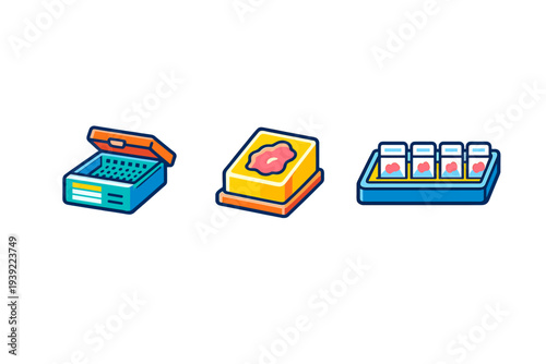 A set of three medical laboratory icons featuring a sample container, a tissue specimen block, and a tray of vials. These colorful illustrations are set against a dark background.