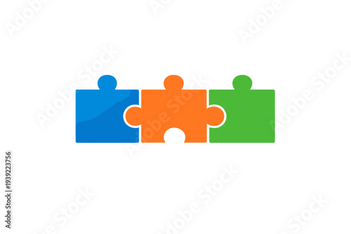 A blue, an orange, and a green jigsaw puzzle piece are interlocked in a row on a plain black background, symbolizing connection, cooperation, and problem solving.