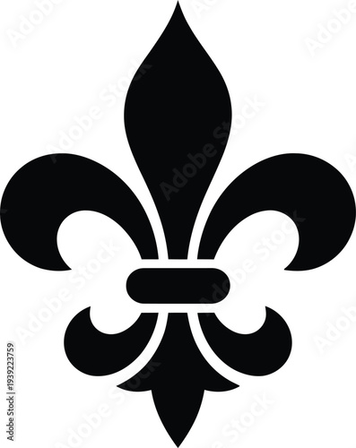 Fleur de lis symbol silhouette, royal emblem illustration, French heritage graphic, heraldic design, historical crest, decorative flourish