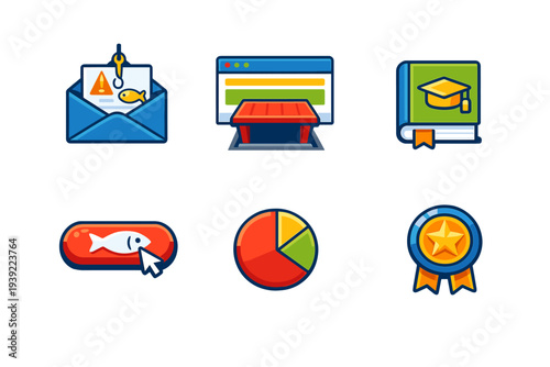 Six stylized vector icons featuring a phishing email, a secure browser, an educational book, a malicious link button, a pie chart, and a star medal on a dark background.