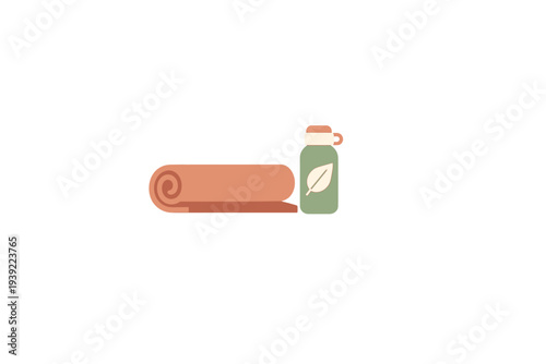 A minimalist illustration of a rolled terracotta yoga mat and a sage green reusable water bottle with a leaf icon, set against a solid black background.
