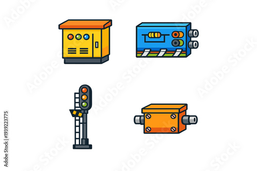 A set of four colorful vector icons depicting industrial electrical equipment including a control panel, a circuit device, a traffic signal, and a junction box on a black background.