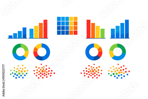 Various colorful data visualization elements like bar graphs, donut charts, and scatter plots are displayed on a dark background, representing business analytics and statistics.