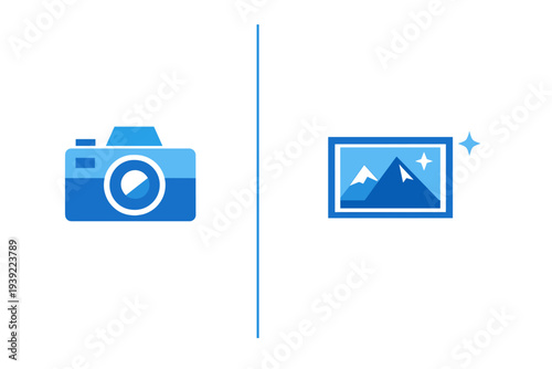 A blue digital camera icon and a framed mountain landscape photograph are separated by a vertical line on a black background, representing the process of capturing and editing images.
