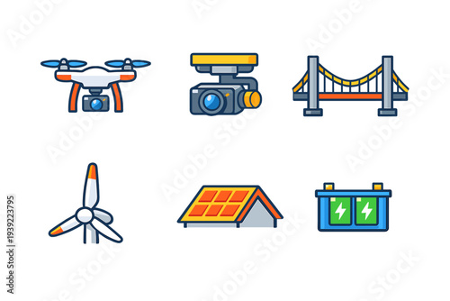 A collection of six flat icons depicting a drone, gimbal camera, suspension bridge, wind turbine, solar panel roof, and power battery isolated on a black background.