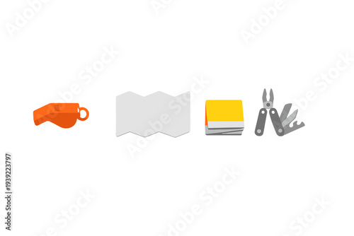 A collection of four survival and outdoor equipment icons including an orange whistle, a folded white map, a yellow notepad, and a grey multi-tool set against a black background.
