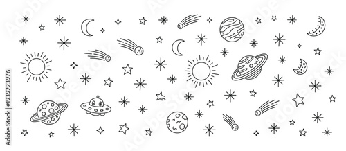 Hand Drawn Space Elements Seamless Pattern White Background Keywords: space, stars, moon, sun