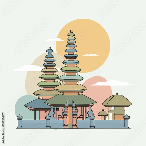 Balinese Temple Pagoda Architecture with Sun and Clouds, Traditional Indonesian Landmark