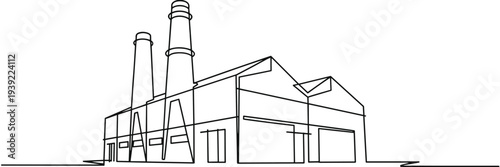 Industrial Factory Building with Chimneys Line Art
