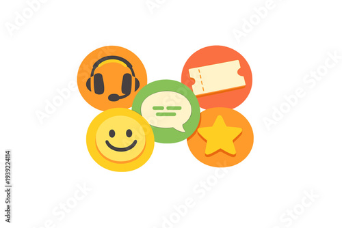 A collection of five colorful circular icons representing customer support and service, featuring a headset, a ticket, a speech bubble, a smiley face, and a star on a black background.