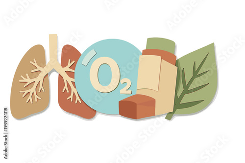 This stylized three-dimensional paper-cut artwork displays human lungs, an O2 oxygen symbol, a medical inhaler, and a green leaf, symbolizing clean air and respiratory wellness.