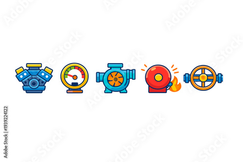 A set of five colorful industrial icons including a V-engine, a pressure gauge, a water pump, a fire alarm bell with a flame, and a pipe valve wheel on a black background.