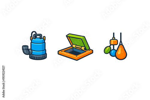 Three colorful vector icons on a black background featuring a blue submersible water pump, an open orange access hatch, and a set of hanging float switches for liquid level control.