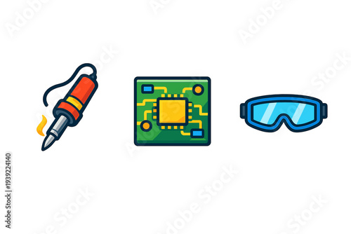 This set of three colorful vector icons includes a soldering iron, a green electronic circuit board with a central chip, and blue protective safety goggles on a black background.