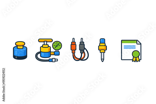 This set of five stylized icons features a pressure pump with a gauge, RCA audio cables, a mechanical spark plug, a document with a seal, and a blue cylindrical button.