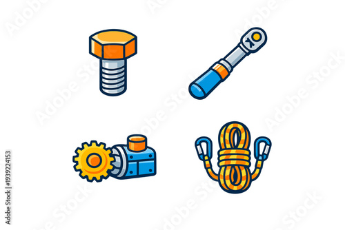 A collection of four industrial icons featuring a bolt, a ratchet wrench, a mechanical motor with a gear, and a coiled rope with carabiners, all set against a black background.