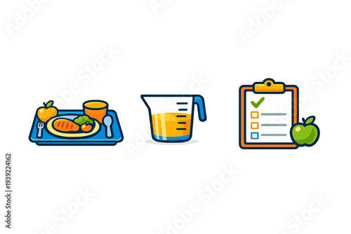 Three colorful icons representing healthy eating and nutrition planning, including a meal tray with food, a measuring cup for portions, and a diet checklist with a green apple.