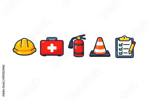 This illustration features five safety-related icons: a yellow hard hat, a red first aid kit, a fire extinguisher, a traffic cone, and a clipboard with a checklist.