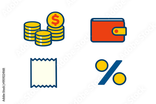 A set of four financial icons including stacks of gold coins with a dollar sign, an orange wallet, a white receipt, and a blue percentage symbol on a black background.