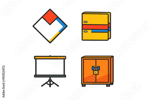 A set of four colorful flat design icons featuring a geometric diamond, a yellow office folder, a projection screen on a tripod, and a locked orange storage cabinet on a black background.
