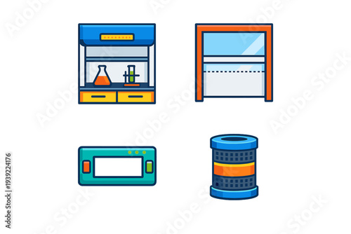 A set of four stylized laboratory and industrial equipment icons featuring a fume hood with glassware, a cleanroom window, a digital control panel, and a cylindrical air filter.