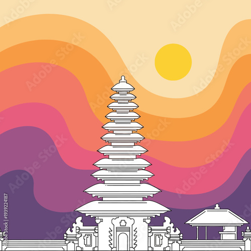 Balinese Temple Pagoda at Sunset with Colorful Wavy Sky