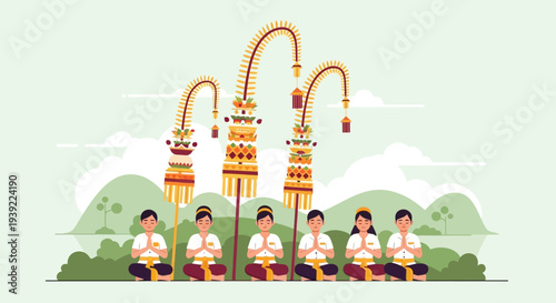 Balinese Children in Traditional Attire Offering Prayers with Penjor Decorations