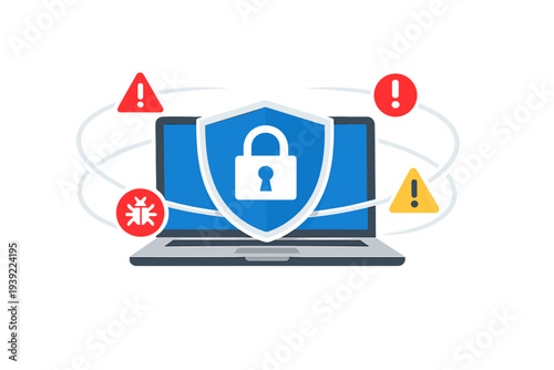 A flat vector illustration of a laptop protected by a blue shield with a padlock icon, surrounded by various security warning and bug symbols on a black background.