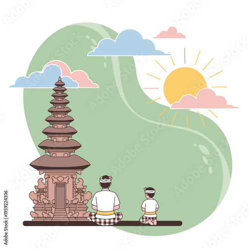 Balinese father and son praying at temple during sunrise, cultural tradition
