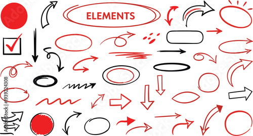 Red and black hand drawn arrow elements with circle highlights and underline brush strokes for design