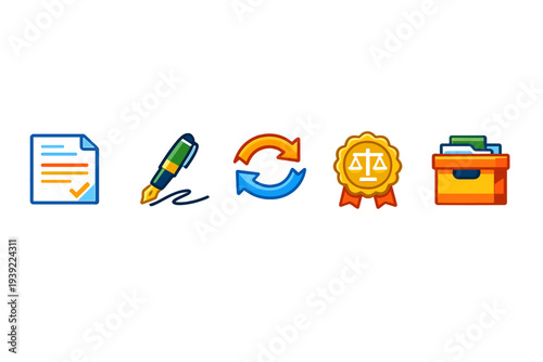 Five colorful icons illustrating legal and administrative steps such as document verification, signing, processing, justice certification, and organized file storage on a black background.