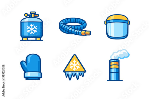 A set of six blue and yellow icons representing industrial refrigeration and cold safety, including a gas tank, hose, face shield, mitten, warning sign, and smoking chimney stack.