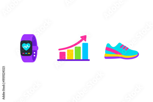 Three colorful fitness icons including a purple smartwatch with a heart rate monitor, a bar chart with an upward arrow, and a bright athletic shoe, all set against a solid black background.