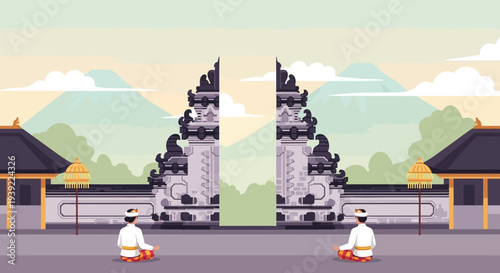 Balinese Gate and Temples with People Meditating