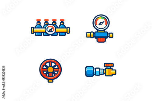 A set of four stylized industrial icons featuring a gas manifold with cylinders, a pressure regulator with a gauge, a red valve handwheel, and a connector valve on a black background.