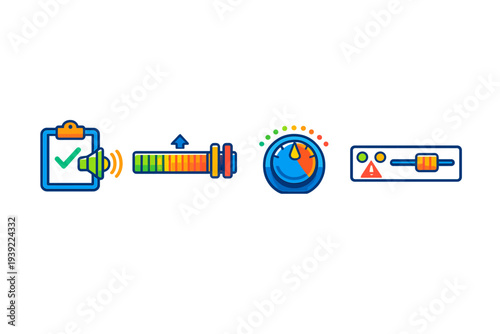 A set of four colorful icons representing audio levels, system monitoring, and settings. The graphics include a clipboard, a progress bar, a circular gauge, and a control slider.
