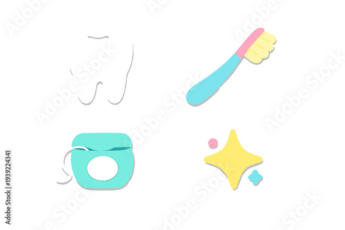 Stylized icons of a white tooth, a toothbrush, dental floss, and sparkles on a black background, representing oral hygiene and dental care in a flat design style.