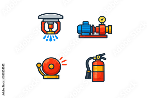 A set of four fire safety icons including a sprinkler head, an industrial pump, a fire alarm bell, and a fire extinguisher, all presented in a flat vector style on a black background.