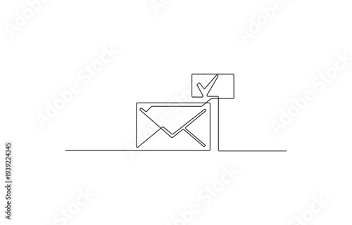 Single line drawing depicts an envelope with a checkmark, symbolizing email confirmation.
