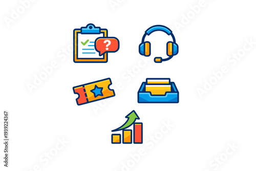 A collection of five colorful business and customer service icons including a clipboard, headphones, ticket, file tray, and a growth chart set against a black background.