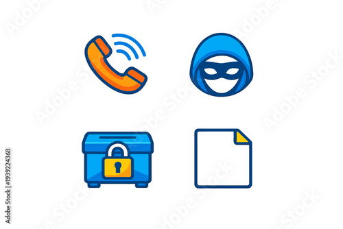 A set of four cybersecurity icons featuring a ringing telephone, a hooded hacker, a locked storage box, and a digital document, all designed in a blue and orange flat style.
