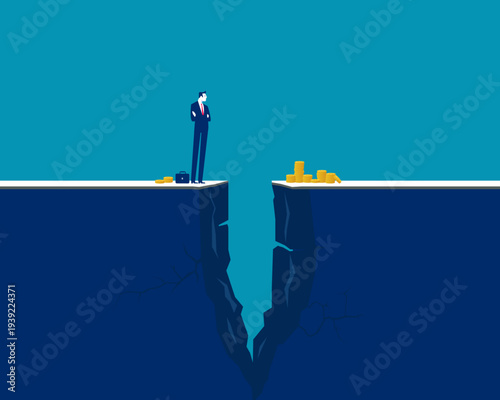 Caution . A man is about to cross the cracks, using caution in financial decisions.