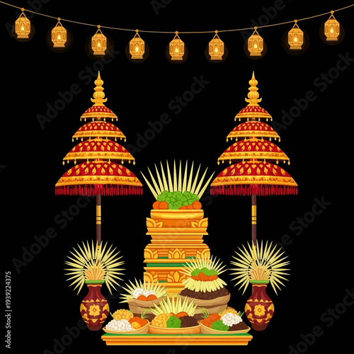 Balinese Offering Ceremony: Colorful Canang Sari, Temple Umbrellas, and Festive Lights