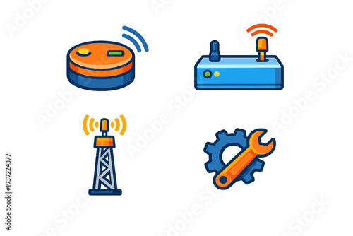 A set of four flat vector icons featuring a smart device, a wireless router, a telecommunications tower, and a gear with a wrench, all set against a solid black background.