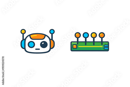 A stylized illustration of a blue and orange robot head next to a green electronic component with four colorful pins, set against a solid black background.