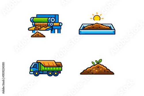 A set of four colorful cartoon icons illustrating the process of soil production, including industrial processing, sun drying, transportation by truck, and plant growth.
